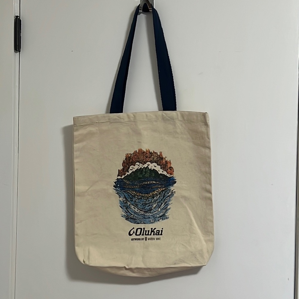 OluKai Canvas Tote Bag in Cream with Blue Straps